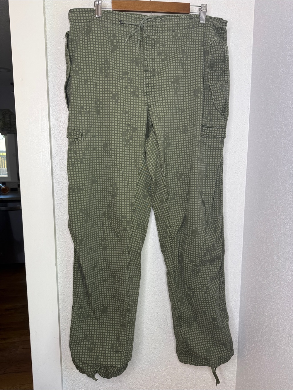 Vintage US Military Desert Night Camouflage Pants Cargo Drawstring Green Grid